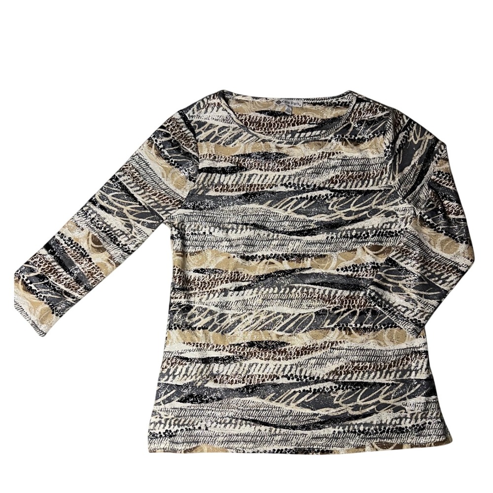 Kate Park Womens Abstract Animal Print Glitter Metallic 3/4 Sleeve Top Small - Picture 1 of 6